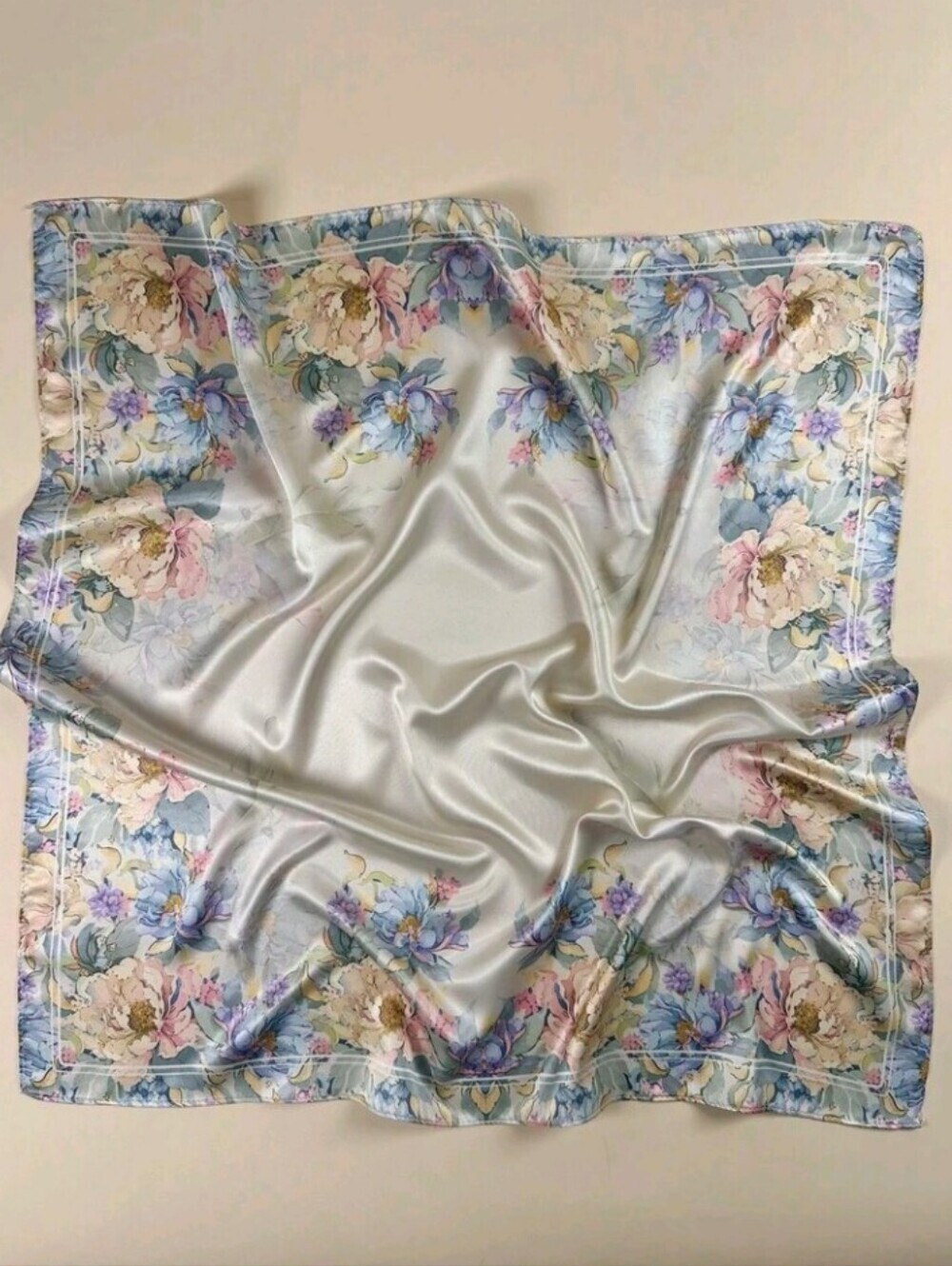 Floral Satin Scarf in Cream Tan, Blue, Pink, Purple Botanical Hues Summer